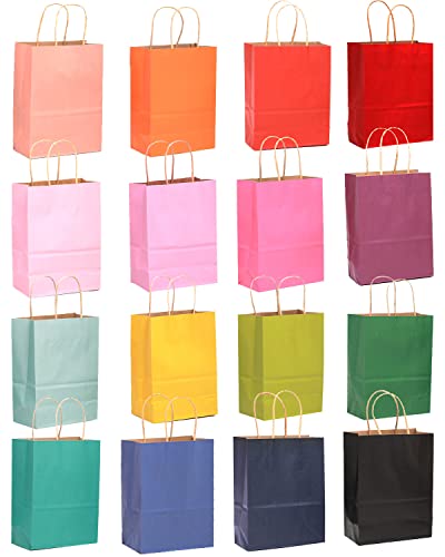 qiqee Medium Size Paper Gift Bags With Handles 10.6"x8.3"x4.3" 16 Solid Colors Party Favor Bags（16-Packs）