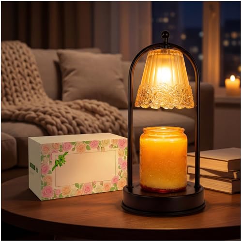 YWYWLED Vintage Rose Candle Warmer Lamp with Timer & Dimmer - Portable Iron Base, Amber Glass Shade, 2 Bulbs Included - El...