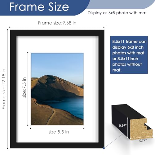 PEALSN 8.5 x 11 Picture Frame Set of 6, Display Pictures 6x8 with Mat or 8.5 x 11 without Mat for Wall Mounting Display, P...