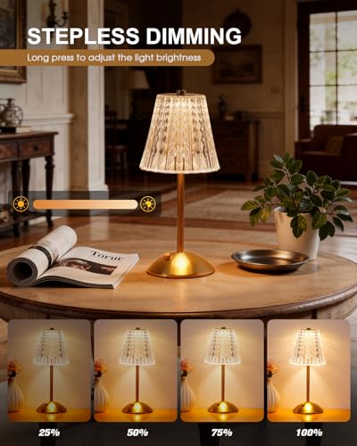 Nusogon Rechargeable Cordless Table Lamp, Touch Control Crystal Desk Lamp with 3500mAh Battery, 3 Color Dimmable LED Small...