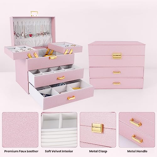 Dajasan Jewelry Organizer Box, Large Jewelry Boxes for Girls, Space-Saving 4 Layers Jewelry Storage Case with Drawer, Gift...