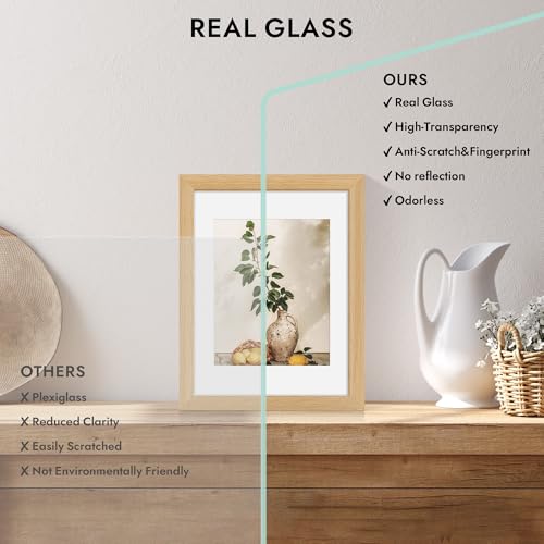 Hongkee 6x9 Oak Wood Picture Frame, Display Photos 5 x 8 with Mat or 6 x 9 without Mat - Tempered Glass Cover, Horizontal ...