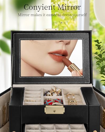 TORIBIO Jewelry Box for Women, Leather Jewelry Organizer with Mirror & Lock, 3-Tier Jewelry Storage Organizer with 2 Drawe...
