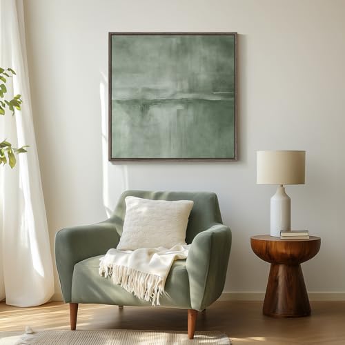 Framed Sage Green Abstract Wall Art, Modern Canvas Prints Artwork for Walls, Square Minimalist All Green Abstract Pictures...