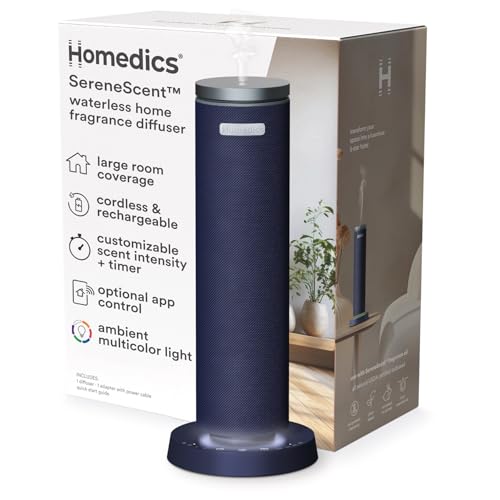 Homedics SereneScent Waterless Essential Oil Diffuser, Cordless Rechargeable Aromatherapy Diffuser for Home, Large Room Sc...