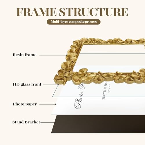 Cuspin 5x7 Picture Frame, Vintage Ornate Gold Resin Frame with Glass Front, Ginkgo Leaf Textured Photo Frame for Wall Hang...