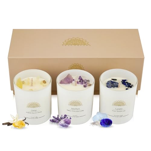 AVACONCEPT Amethyst & Smoky Quartz Crystal Candle Gift Set - 2-Pack Hand-Poured Soy Wax - Lavender Vanilla & Sea Salt Drif...