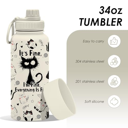 Cat Gifts for Women Girls - 34oz Black Cats Water Bottle, Everything Is Fine Cats Themed Insulated Travel Tumbler, Cute Co...