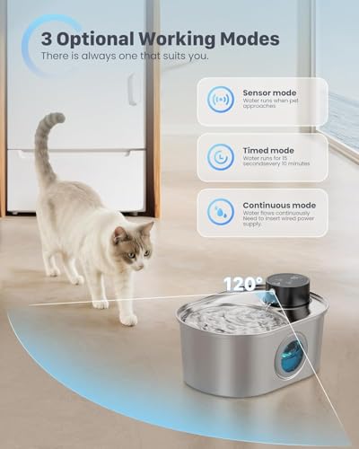 Wireless Cat Water Fountain: Battery Operated Stainless Steel Pet Fountain, Automatic Cordless Water Dispenser Indoor, Met...