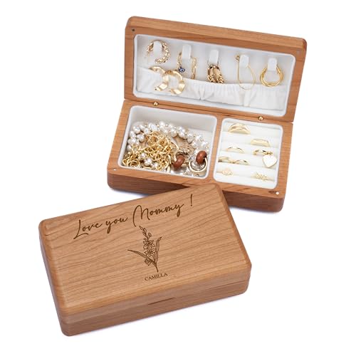 Customization Mill Personalized Wooden Jewelry Box with 1 Custom Birth Flower - Engraved Keepsake Organizer for Rings & Ne...