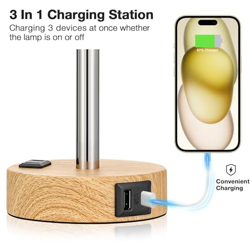 Fenmzee Bedside Table Lamp for Bedroom - 3 Way Dimmable Touch Lamp USB C Charging Ports and AC Outlet, Small Lamp Wood Bas...