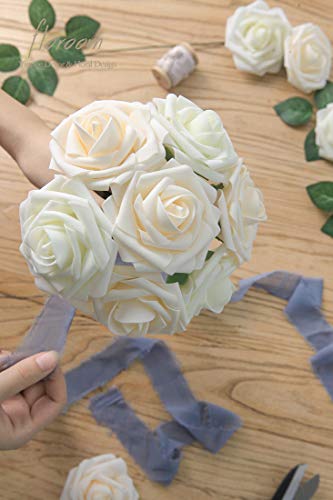 Floroom Artificial Flowers 50pcs Real Looking Ivory Foam Fake Roses with Stems for DIY Wedding Bouquets White Baby Shower ...