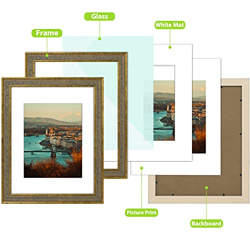 Golden State Art, 11X14 Ornate Finish Photo Frame with White Mat for 8x10 Picture & Real Glass. Color: Distressed Gold