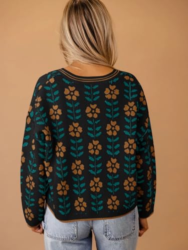 Saodimallsu Womens Floral Print V Neck Cardigan Open Front Button Down Knit Sweater Long Sleeve Loose Fashion Tops