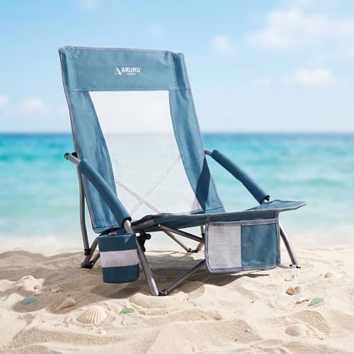 ARURU Low Folding Beach Chairs for Adults, Portable Lightweight Sling Beach Camping Chair with Cup Holder,Armrest,Foldable...