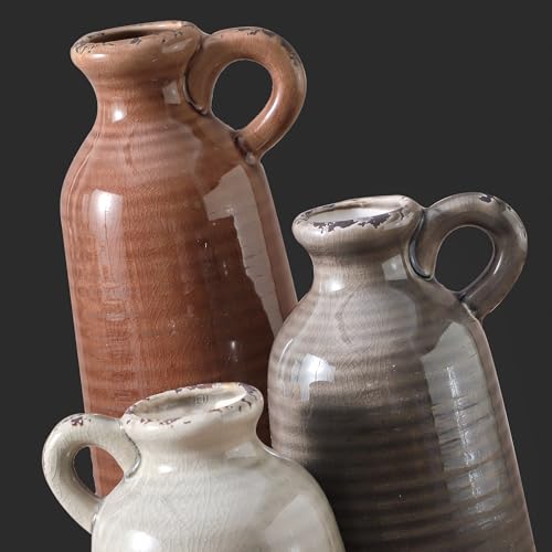 Ceramic Vases Set of 3, Neutral Rustic Farmhouse Vase with Handle, Decorative Flower Vases Home Decor Modern Boho Pampass ...