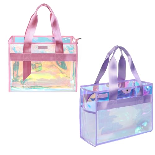 Gryvol 2-Piece 26L Iridescent Beach Bags for Women,Purple Beach Tote Bag & Pink Clear Tote Bag, Large Waterproof Beach Bag...
