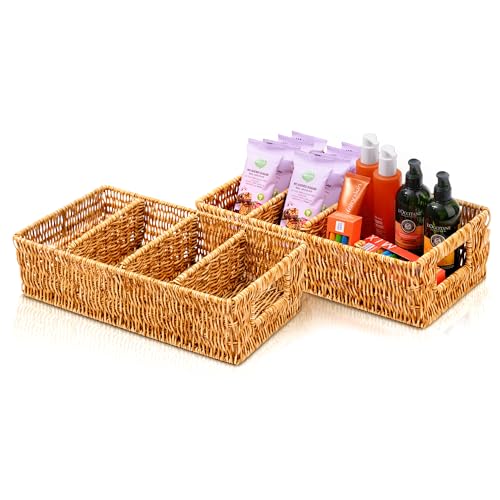 Nature-Inspired Rattan Pantry Organizer Baskets Set of 2 with 3 Removable Dividers – Handwoven Storage Bins for Kitchen or...