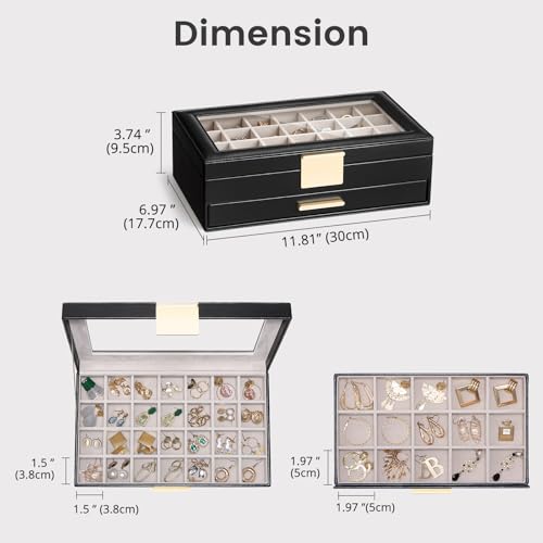Lolalet Earring Storage Box Case with Glass Top, Large Earring Jewelry Holder Organizer Display with Drawer and Grid, Gift...