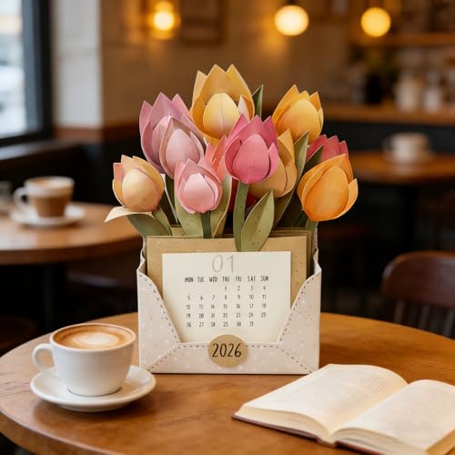 2026 Tulip Emotional Support Calendar, Blooming Paper Flower Calendar, DIY Handmade Paper Flower Envelope Basket Calendar...