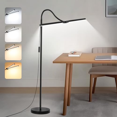 LED Floor Lamp, 18W/2000LM Bright Reading Floor Lamp for Office with Double Head, Adjustable Gooseneck Dimmable Modern Sta...