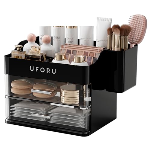 UFORU Makeup Organizer for Vanity with Brush Holder, Countertop Skincare Organizer with 2 Drawers, Spacious Cosmetic Displ...