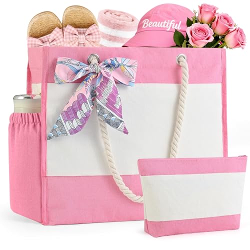 TAOZIM Beach Tote with Cosmetic Bag, Waterproof Canvas Beach Bag w/Ribbon Personalized for Women Birthday Travel Essential
