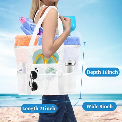 Yunaeduo Large Mesh Beach Bag - Lightweight & Foldable Family Beach Bag with 9 Pockets for Toys, Towels & Vacation Essentials