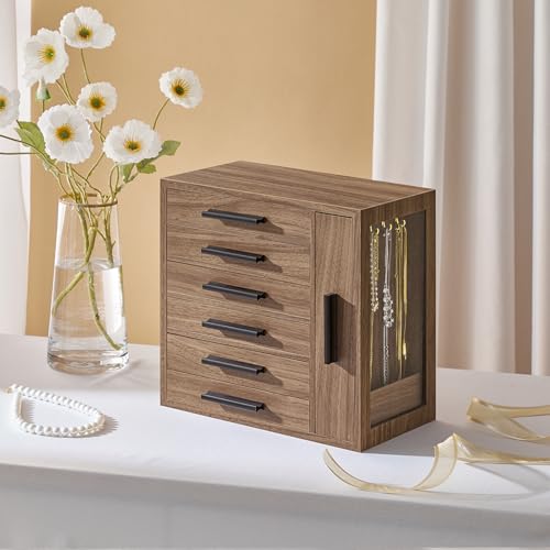 HOOBRO Jewelry Box for Women, Jewelry Organizer Box, 6-Tier Wooden Jewelry Box, Jewelry Case with Side Transparent Window,...