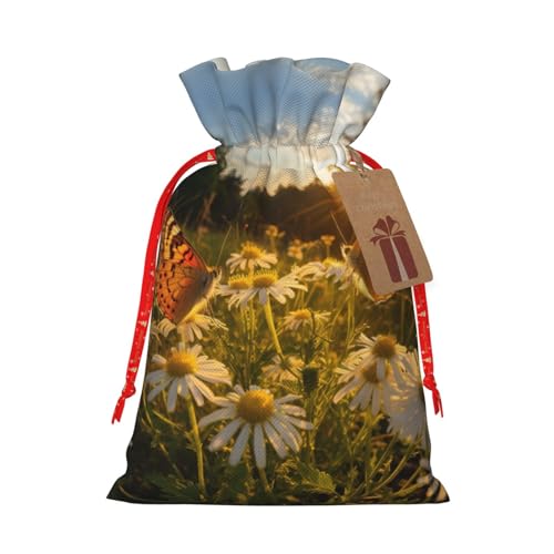 LHBZXMKJ Butterfly On Daisy Print Drawstring Present Bags Christmas gifts Wrapping Sacks Pouches for Xmas Party ﻿