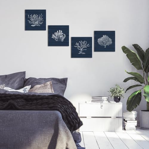 HOMEOART Coral Canvas Wall Art Prints Ocean Navy Blue Coastal Artwork Beach Home Decor Picture Framed Ready to Hang 12"x1...