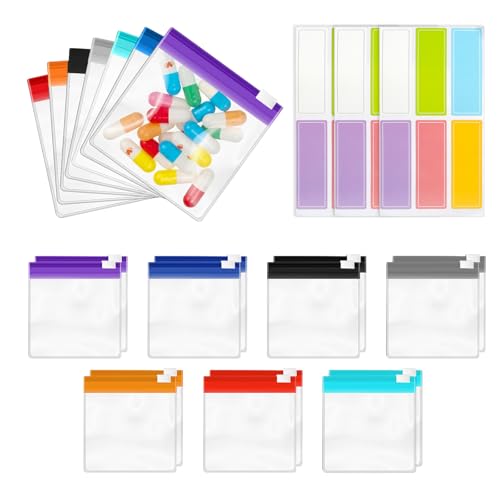 Mini Zipper Pouch Set–14 Small Reusable Clear Zip Lock Bags with Writable Labels for Travel,Medicine,Makeup,Pills,Tiny Cos...