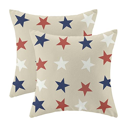 Gohdiwh 4th of July Throw Pillow Cover 20x20 Inch Set of 2, Blue Red White Stars Patriotic Decorative Outdoor Cushion Cove...