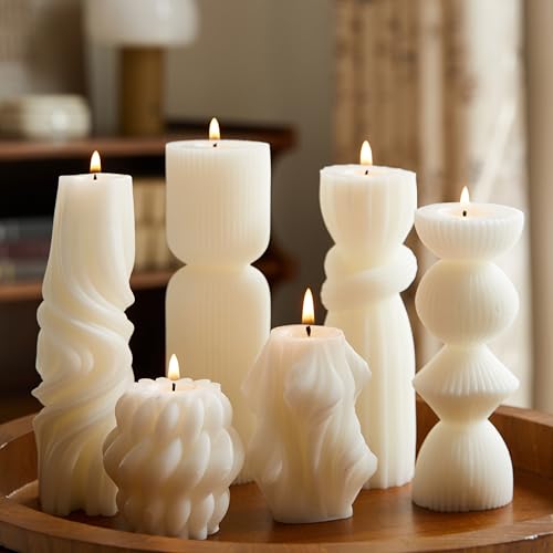 6 Pcs Small Handmade Ribbed Pillar Candle Set, Soy Wax Modern Home Decor for Living Room Bedroom, Aesthetic Table & Shelf ...