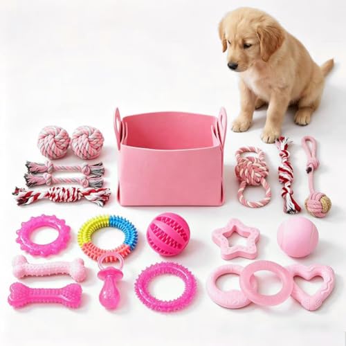 PawsAion Puppy Toys Set - 20 Pack Pink Dog Chew Toys for Teething Small Breeds - Tough Rope Toys for Puppies, Cute Soft Ru...