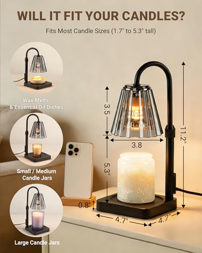 Fubink Candle Warmer Lamp with Timer & Dimmer, Shatterproof PC Shade, Adjustable Height for Jar Candles up to 5.3" Tall, M...