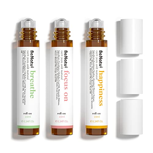 Benatu Essential Oil Blends Set (Breathe, Focus on, Happiness), Natural Aromatherapy Roll On for Massage, Body Skin Care, ...