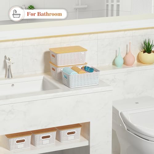 Ohmlove Plastic Storage Baskets With Bamboo Lid - Plastic Storage Containers Stackable Storage bins: Storage Baskets for O...