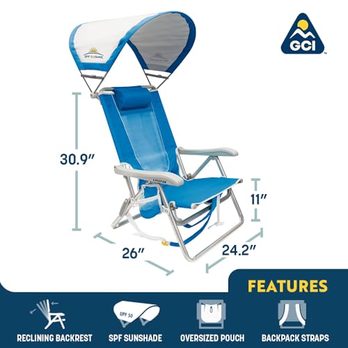 GCI Outdoor Sunshade Backpack Beach Chair | Reclining Folding Canopy Chair with Durable Armrests, Drink Holder & Carry Str...