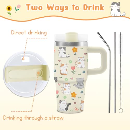 Cute Cat Gifts for Women Girls, Cats Tumbler with Handle and Straw for Kids 14 oz, Insulated Stainless Steel Cats Mug, Bir...