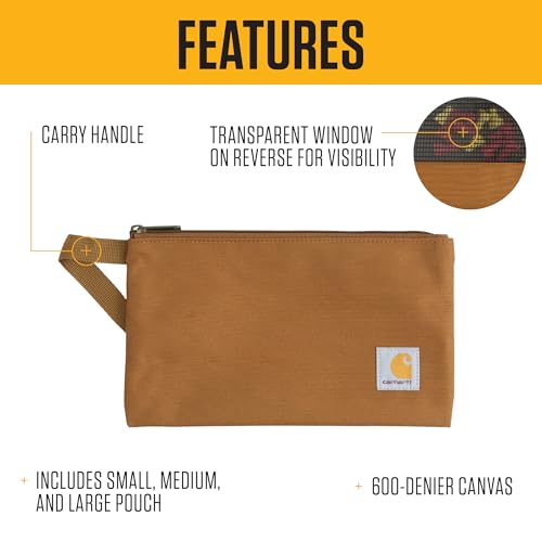 Carhartt Utility Zipper Pouch Set, Durable Water Repellent Organizers Sold in Sets of Three, Carhartt Brown