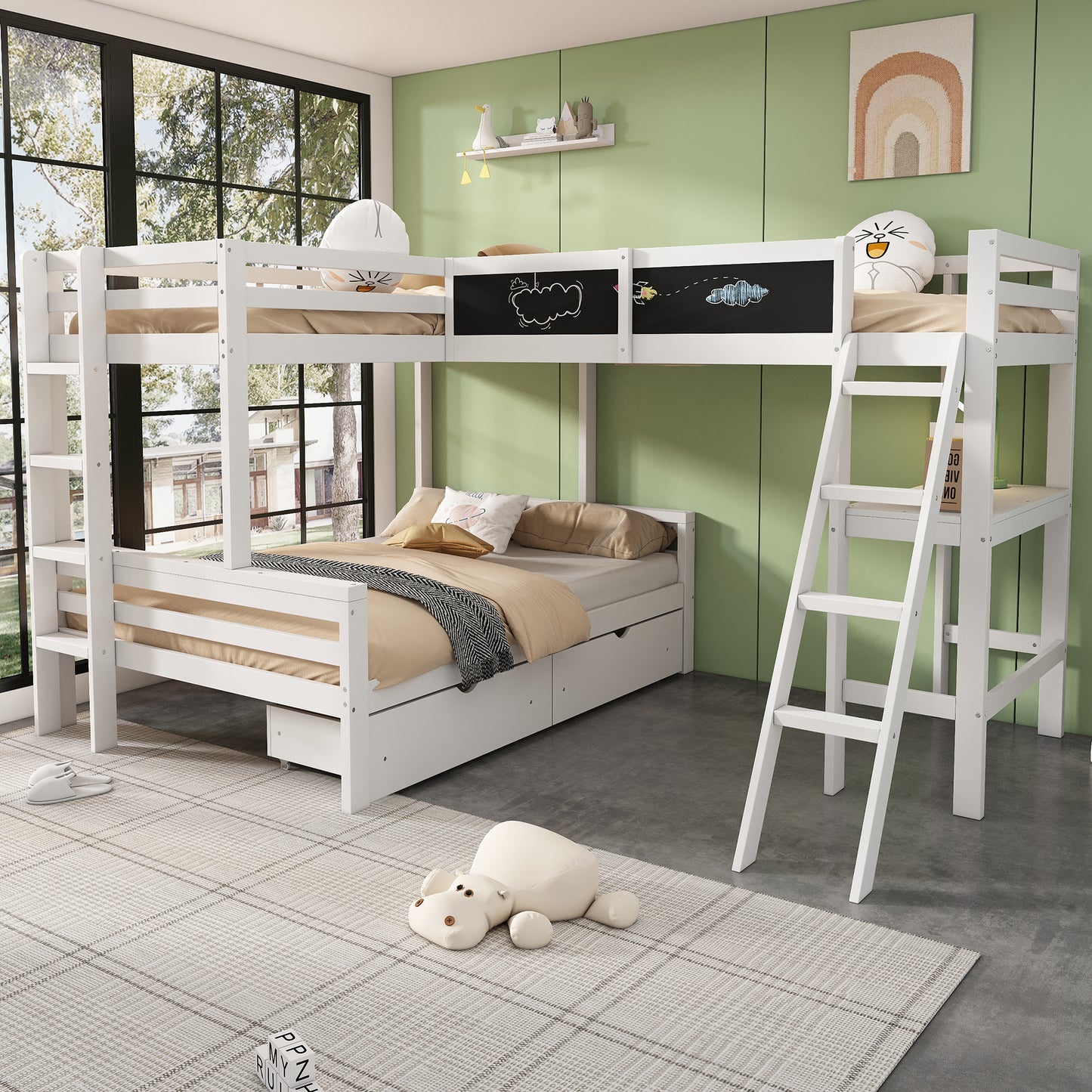 Childrens Loft Bed ,Three Children Can Sleep In The Cot, Has Storage Drawers,made Of Pine Wood, Bunk Bed, Cot With Desk And Shelf, 140x200cm,90x200cm,white