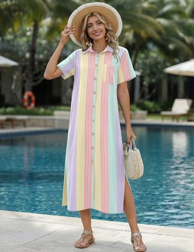 HOTOUCH Womens Dress Summer Casual Midi Short Sleeve Button Down Shirt Dresses Loose Beach Cover Up with Pockets