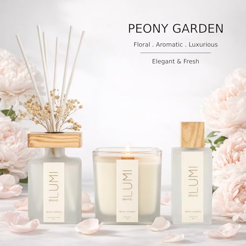 Luxury Aroma Gift Set | Peony Garden - Reed Diffuser (200ml), Wood Wick Soy Candle (200g), Room Spray (50ml) | Includes Dr...