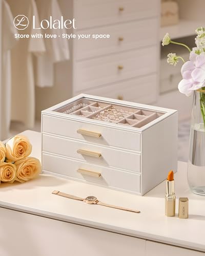 Lolalet Jewelry Box Organizer, 3-Layer Jewelry Organizers and Storage Case with Glass Lid, Ring Earring Bracelet Necklace ...