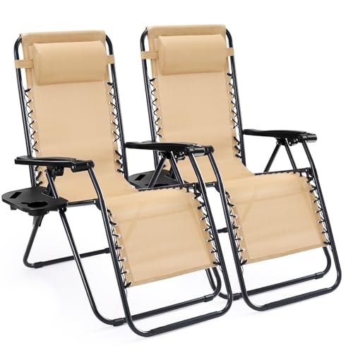Sweetcrispy Zero Gravity Chairs, Set of 2 Portable Recliner Beach Camping Patio Outdoor Folding Lounge Chair with Cup Hold...