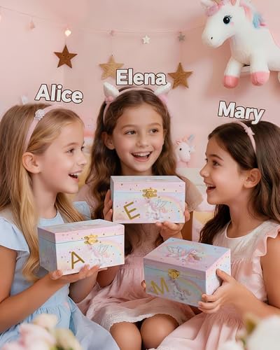Lolalet Unicorn Jewelry Box for Girls, Kids Initial Musical Jewelry Organizer with Spinning Doll, Personalized Birthday Gi...