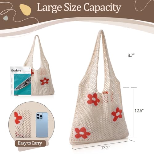 Premillow Crochet Beach Tote Bags, Stylish Mesh Beach Bags Shoulder Bag for Women, Cute Summer Vacation Boho Tote Bag