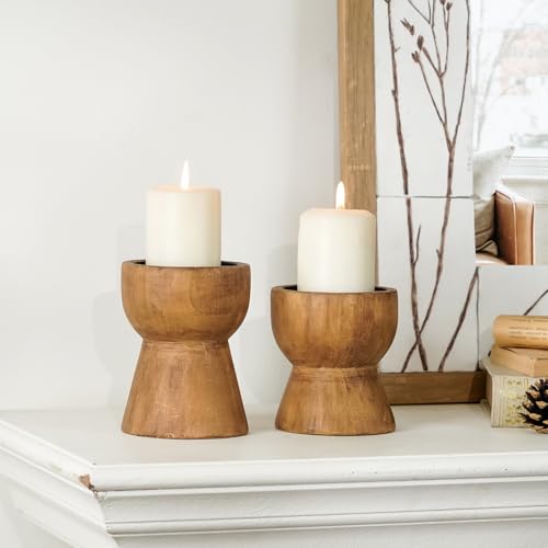 NIKKY HOME Farmhouse Wooden Candle Holders Set of 2, Rustic Solid Wood Pillar Candlesticks Pedestal, Fireplace Mantle Tabl...