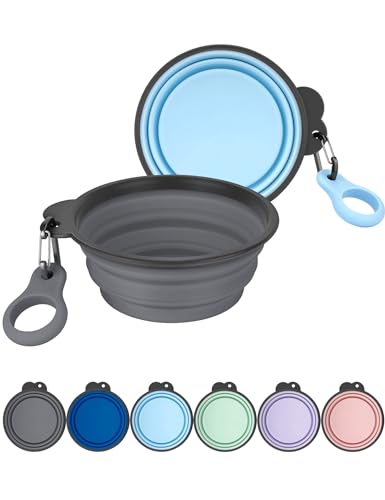 Aonkey Collapsible Dog Bowls with Bottle Carrier, 2 Pack Travel Dog Water Bowl Upgraded Carabiner, One-piece Molded Rim No...